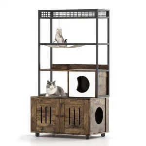 Modern Hidden Cat Litter Box Enclosure with Storage Rack, Indoor Enclosed Cat Furniture, Hammock, Sisal Balls, Scratching Mat, Multi-Level Private Cat House, Gray