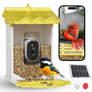 Smart Bird Feeder with 4k Camera & AI Recognition, Solar Powered, 67 Fl.Oz Capacity, Night Vision, App Alerts, Auto Capture Photos/Videos for Bird Watching, Squirrel Deterrent, Yellow