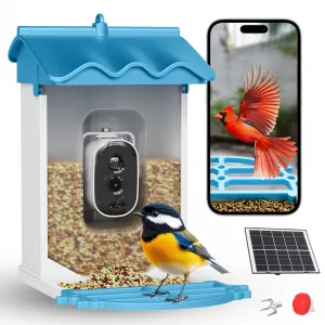 Smart Bird Feeder with 4k Camera & AI Recognition, Solar Powered, 2L Capacity, Night Vision, App Alerts, Auto Capture Photos/Videos for Bird Watching, Squirrel Deterrent, Blue