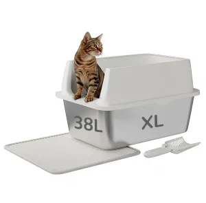 Stainless Steel Litter Box, Large Open Cat Litter Box for Big Cats, Metal Cat Box with High Sided Enclosure & Scoop Litter Mat, Odor Free, Anti-Leakage, 12"H