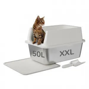 Extra Large Stainless Steel Litter Box, XLarge Open Cat Litter Box for Big Cats, Metal Cat Box with High Sided Enclosure & Scoop Litter Mat, Odor Free, Anti-Leakage, 14"H