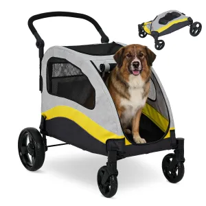 Foldable Dog Stroller, Large Dog Carrier with 360° Wheels, Adjustable Handle & Storage Pocket, Portable Puppy Travel Strollers, Pet Wagon for Large Dogs, 135 Lbs Capacity, Yellow