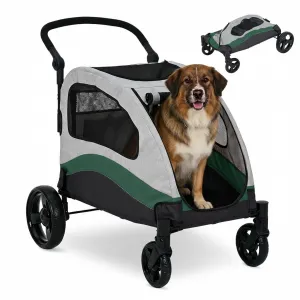 Foldable Dog Stroller, Large Dog Carrier with 360° Wheels, Adjustable Handle & Storage Pocket, Portable Puppy Travel Strollers, Pet Wagon for Large Dogs, 135 Lbs Capacity, Green