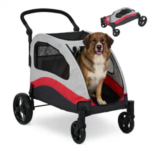 Foldable Dog Stroller, Large Dog Carrier with 360° Wheels, Adjustable Handle & Storage Pocket, Portable Puppy Travel Strollers, Pet Wagon for Large Dogs, 135 Lbs Capacity, Red