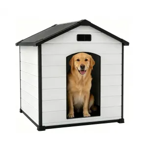 Large Dog House Indoor Outdoor Waterproof, 46" Durable Plastic Dog Kennel with Raised Floor, Removable Roof & Air Vent for Small to Large Dogs, Easy Assembly