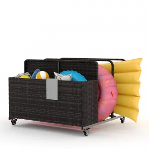 PE Rattan Outdoor Pool Caddy With Rolling Wheels, Patio Wicker Poolside Float Storage Basket for Cushions, Floaties, Noodles, Life Vests, Beach Balls, Toys