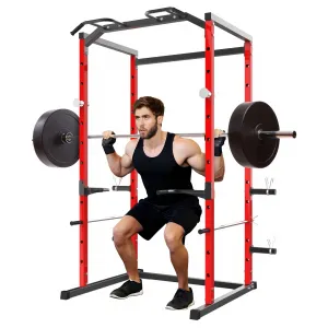 Power Cage Squat Rack for Home Gym, 1100 LB Capacity, Red, Adjustable Safety Bars, Pull-Up & Dip Bars