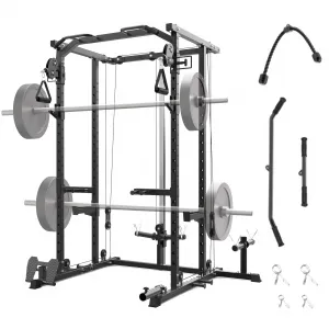 2000LBS Multi-Function Power Cage Squat Rack with Dual Pulley Cable Crossover – Heavy-Duty Steel Strength Training Equipment for Home Gym – Color: All Black