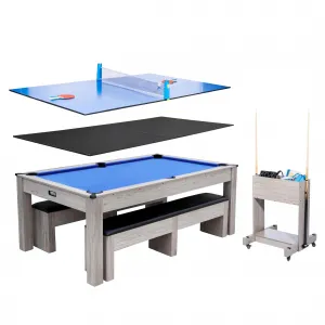 7FT 3-In-1 Pool Table with Dining Top & Table Tennis Accessories, HDF Wood Grain Finish, Rolling Storage Caddy, Game Room