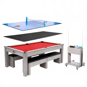 7FT 3-In-1 Pool Table with Dining Top & Table Tennis, Billiard Table Set with Accessories, HDF Wood Grain Finish, Rolling Storage Caddy, Multi-Functional Game Room
