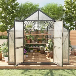 8x12 FT Outdoor Walk-in Greenhouse with Polycarbonate Panels, Vent Roof, Windproof Aluminum Frame, Rain Gutters, for Backyard Gardening