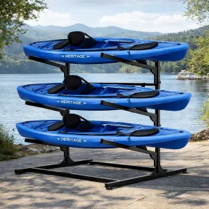 3 Levels Kayak Storage Rack Heavy Duty Metal Stand with 4 Paddles Hooks for Ships Canoe Surfboard Paddleboard Garage Beach, Adjustable Shelves, Space-Saving Design