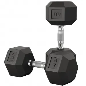 40 LB Hex Dumbbell Set of 2 with Cast Iron Core, Rubber Encased Coating and Textured Carbon Steel Handle for Home Gym Strength Training