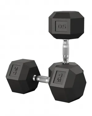 50 LB Hex Dumbbell Set of 2 with Cast Iron Core, Rubber Encased Coating and Textured Carbon Steel Handle for Home Gym Strength Training