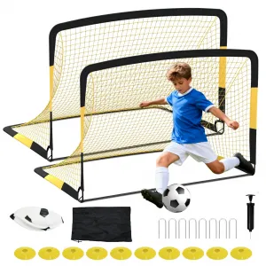 2 Pack 6x4 FT Portable Pop Up Soccer Goals with Ball, Cones & Stakes - Backyard Training Set for Kids & Youth