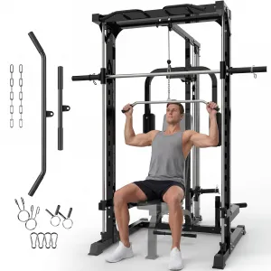 Smith Machine Home Gym Power Cage 1000 LB Capacity Carbon Steel Full-Body Training LAT Pulldown Chest Station Multi-Functional Fitness Equipment