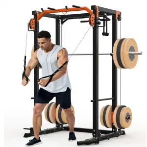Power Cage Power Rack with Dual Pulley System Multi-Function Squat Rack with Cable Crossover for Home Gym Black