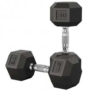 30 LB Hex Dumbbell Set of 2 with Cast Iron Core, Rubber Encased Coating and Textured Carbon Steel Handle for Home Gym Strength Training
