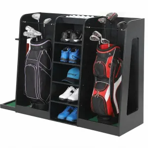 Golf Bag Organizer And Storage Rack, 2 Bag Capacity, Wooden Golf Club Rack For Garage, Basement, Practice Room, Home, Black