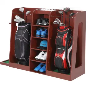 Golf Bag Organizer And Storage Rack, 2 Bag Capacity, Wooden Golf Club Rack For Garage, Basement, Practice Room, Home, Reddish Brown