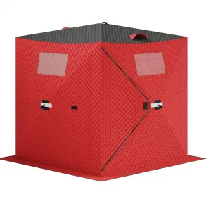 Insulated Pop-Up Ice Fishing Tent for 3-4 Persons - Portable Windproof Winter Shelter - Durable Ice Shanty, Carry Bag, Zippered Door, Anchors, Rope - Red & Black, 70.8×70.8×77.74 Inch | Winter fishing shelter