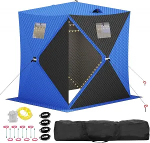 Pop Up Ice Fishing Tent 49ft LED Light Strip Insulated Waterproof Windproof Blue+Black 25 sq ft Fishable Area 2-3 Person Winter Fishing