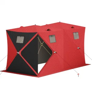 Insulated Pop-Up Ice Fishing Tent – 5-7 Person Spacious Shelter with Double Zippered Doors, 2x49ft LED Light Strips, Windproof, Easy Setup, Carry Bag, Anchors, Battery Packs – Red + 2 Side Black, 141.73x70.8x77.74in, 2x15m Light Strips