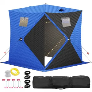 Insulated Pop-Up Ice Fishing Tent – 3-4 Person Shelter with 49ft LED Light Strip, Windproof, Easy Setup, Windows, Zippered Door, Carry Bag, Anchors, Battery Box – Blue + 2 Side Black, 70.8x70.8x77.74in, Includes 15m Light Strip