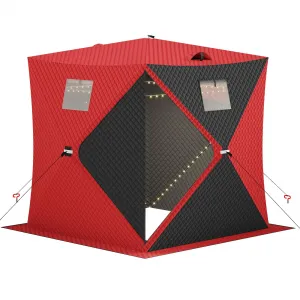 Pop Up Ice Fishing Shelter Tent with 49ft LED Light Strip, Windproof Insulated Waterproof Fabric,  Portable Hub Frame, Red+Black, 2-3 Person Winter Ice Fishing