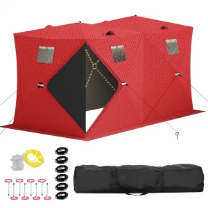 Insulated Pop-Up Ice Fishing Tent – 5-7 Person Portable Shelter with Double Zippered Doors, Large Windows, 2x49ft LED Light Strips, Windproof, Easy Setup, Carry Bag, Battery Packs – Red, 141.73x70.8x77.74in, 2x15m Light Strips