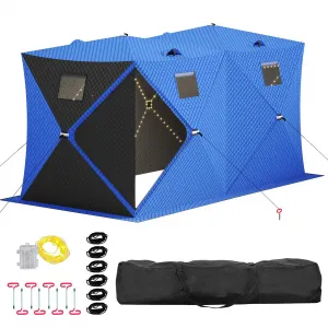 Insulated Pop-Up Ice Fishing Tent – 5-7 Person Shelter with Double Zippered Doors, 2x49ft LED Light Strips, Weather-Resistant, Windproof, Easy Setup, Carry Bag, Anchors, Battery Packs – Blue + 2 Side Black, 141.73x70.8x77.74in, 2x15m Light Strips