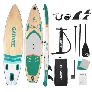 Inflatable SUP Paddle Board 11'6" x 33" with Accessories, Wide Light Wood Deck, Triple Fin, Non-Slip EVA, Camera Mount, Ultra-Light & Durable for Adults & Youth – Light Wood