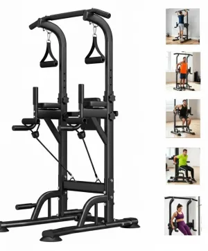 Freestanding Power Tower with Backrest & Resistance Bands for Home Gym, Adjustable Height 39-90", Black, 450 LBS Capacity