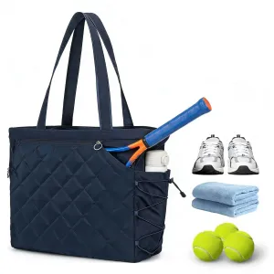 Extra-Large Tennis Tote Bag for Women with Shoe Compartment, Water-Resistant Lightweight Racket Bag, Quilted Polyester, Blue