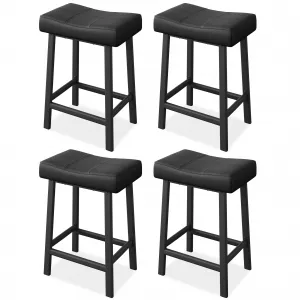 24 Inch Backless Saddle Barstools Set of 4, Counter Height Upholstered Padded Barstools with Curved Surface, Metal Leg and Footrest, for Kitchen Counter, Home Bar (Black)
