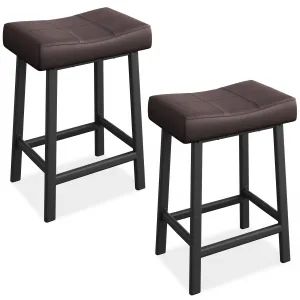 24 Inch Backless Saddle Barstools Set of 2, Counter Height Upholstered Padded Barstools with Curved Surface, Metal Leg and Footrest, for Kitchen Counter, Home Bar, Brown