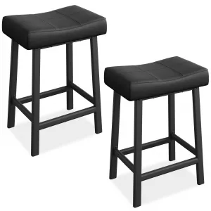24 Inch Backless Saddle Barstools Set of 2, Counter Height Upholstered Padded Barstools with Curved Surface, Metal Leg and Footrest, for Kitchen Counter, Home Bar (Black)