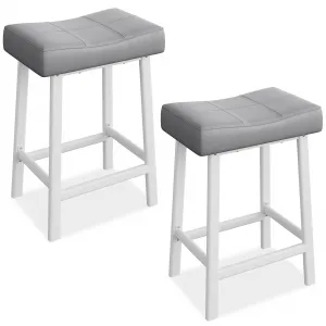 24 Inch Backless Saddle Barstools Set of 2, Counter Height Upholstered Padded Barstools with Curved Surface, Metal Leg and Footrest, for Kitchen Counter, Home Bar, Gray