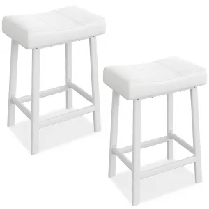 24 Inch Backless Saddle Barstools Set of 2, Counter Height Upholstered Padded Barstools with Curved Surface, Metal Leg and Footrest, for Kitchen Counter, Home Bar, White
