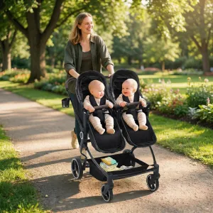 Foldable Double Baby Stroller with Adjustable Recline Canopy, Safety Harness and Parent Cup Holders for Newborns & Toddlers, Black