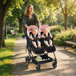 Foldable Double Baby Stroller with Adjustable Recline Canopy, Safety Harness and Parent Cup Holders for Newborns & Toddlers, Pink