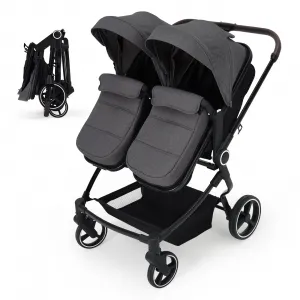 Foldable Double Baby Stroller with Adjustable Recline Canopy, Safety Harness and Parent Cup Holders for Newborns & Toddlers, Dark Grey