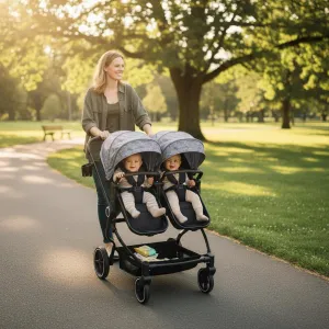 Foldable Double Baby Stroller with Adjustable Recline Canopy, Safety Harness and Parent Cup Holders for Newborns & Toddlers, Light Grey