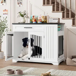 Wooden Indoor Dog Crate Furniture with Drawer & Lockable Doors, Heavy Duty Indoor Dog Kennel End Table with Feeding Bowls & Storage for Small Medium Large Dogs, White & Walnut