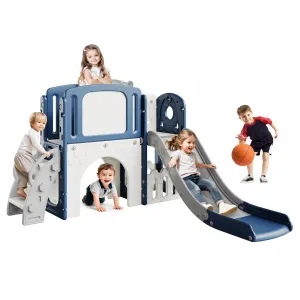 8-in-1 Toddler Activity Center Playground Set – Slide, Climber, Basketball Hoop, Tunnel, Rocker, Telescope & Storage – Indoor/Outdoor Kids Play Tunnel for Boys & Girls – Safe, Sturdy Design, Blue