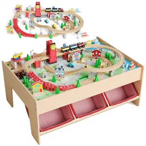 2-in-1 Wooden Train & Reading Table Set with 92-Piece Tracks, Multi-Level 3D Play, Solid Wood, Storage Drawers, City Theme, Toddler Activity Table for Ages 3+