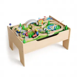 78 Piece Train Table, Multipurpose Wooden Toy Activity Playset for Children w/Tracks and storage, Reversible Top - Natural