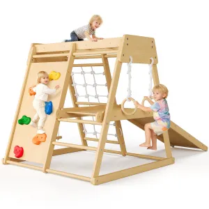 Wooden Jungle Gym, Montessori Kids Outdoor Playset with Swing, Slide, Monkey Bars, Rock Climbing Wall, Rope Wall, Ladders, Indoor & Outdoor Toddler Climbing Toys, Natural Wood Color