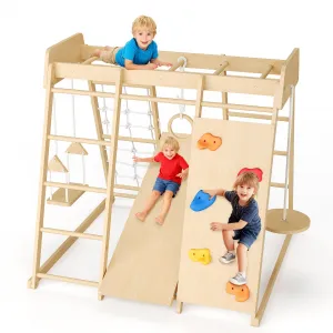 8-in-1 Wooden Jungle Gym for Kids Ages 1-8 | Natural Wood Indoor Outdoor Playground with Swing, Slide, Monkey Bars, Rock Climbing Wall, Rope Wall & Ladder | Heavy Duty Toddler Climbing Playset