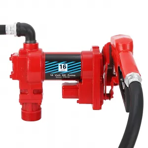 Fuel Transfer Pump 16 GPM 1/4 HP, 12 Volt DC Fuel Pump, Diesel Transfer Pump with Automatic Nozzles, Gasoline Transfer Pump with Emission & Suction Hoses for Gasoline, Diesel, Kerosene